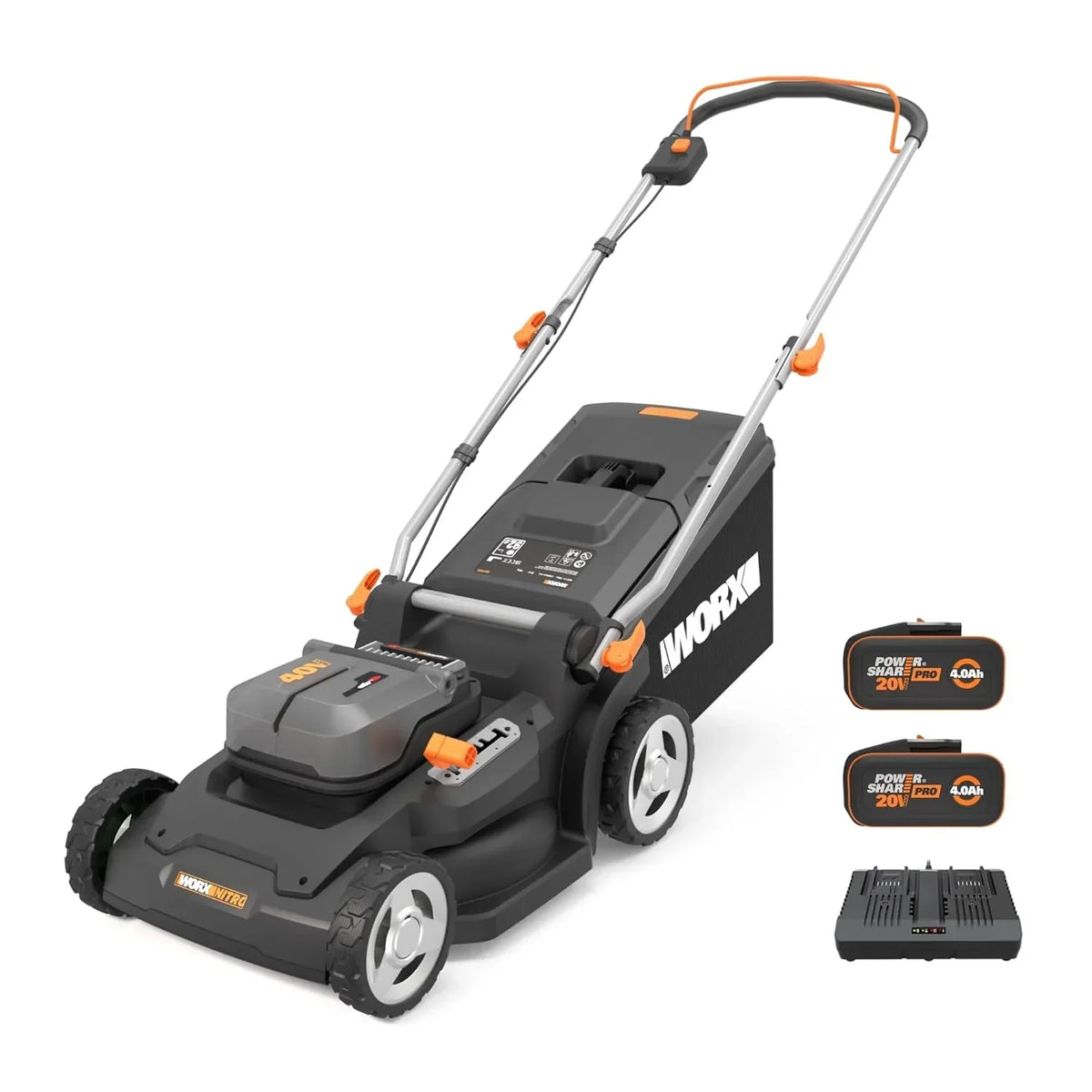 Cortador de Grama a Bateria WORX WG737E Nitro 40 V (2 x 20 V), Potente Motor sem Escovas, Largura de Corte 37 cm, 6 Níveis de Altura de Corte (20 – 70 mm), Saco Coletor de Grama 40 L