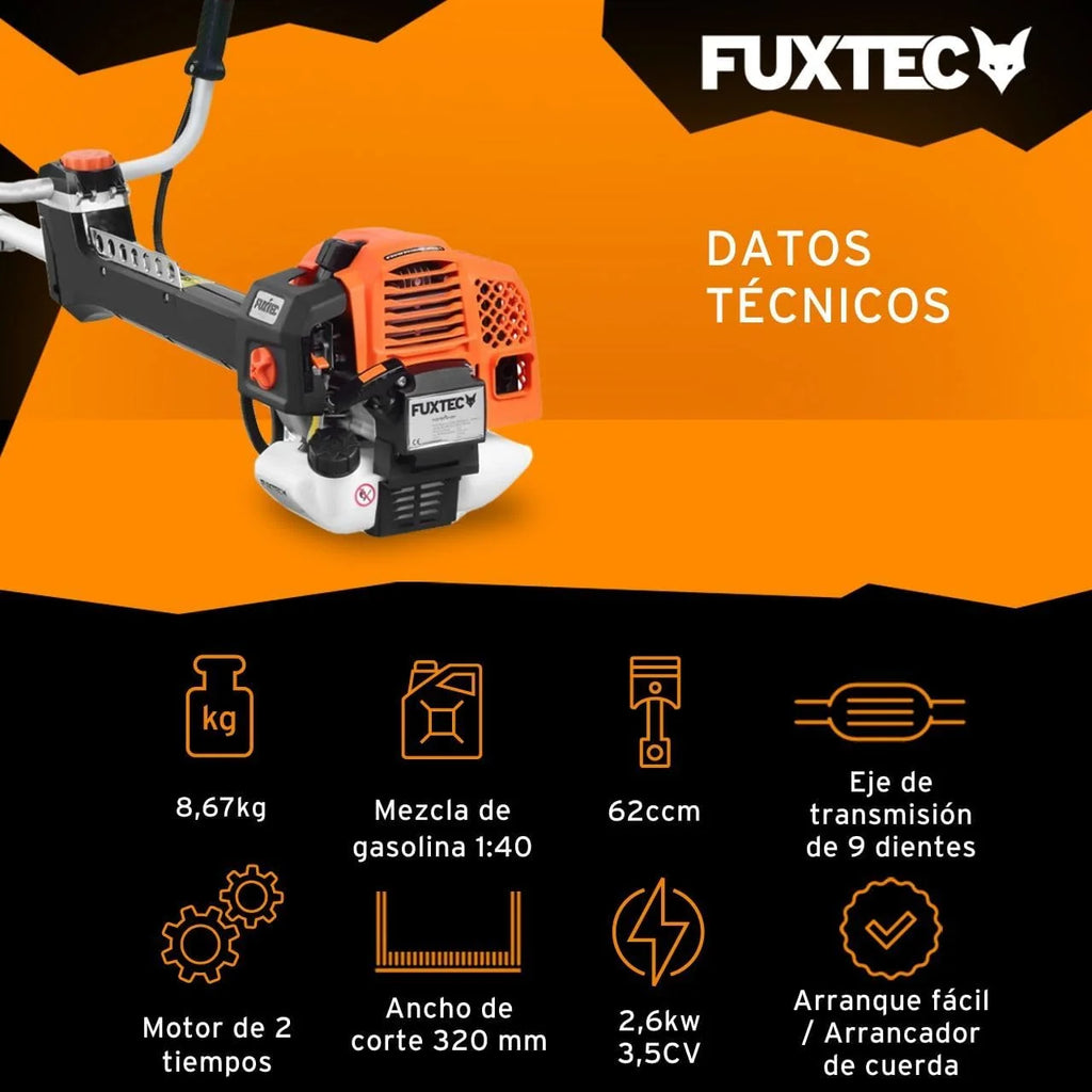 Roçadeira profissional a gasolina FUXTEC 62cc 3,5 CV, multiferramenta 2 em 1, com alça de ombro, sistema antivibração, aparador multifuncional, motor 2 tempos