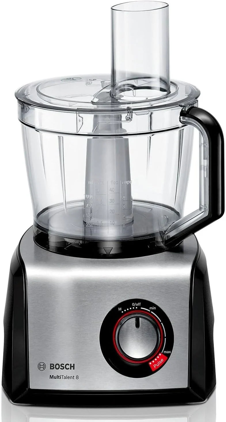 Bosch MultiTalent 8, Robô de Cozinha com Disco para Batatas Fritas e Moedor de Grãos, 1250 W, Tigela Grande de 3,9 l, Liquidificador de 1,5 l, Espremedor de Cítricos, Display LED, MC812M844, Branco, Aço Escovado