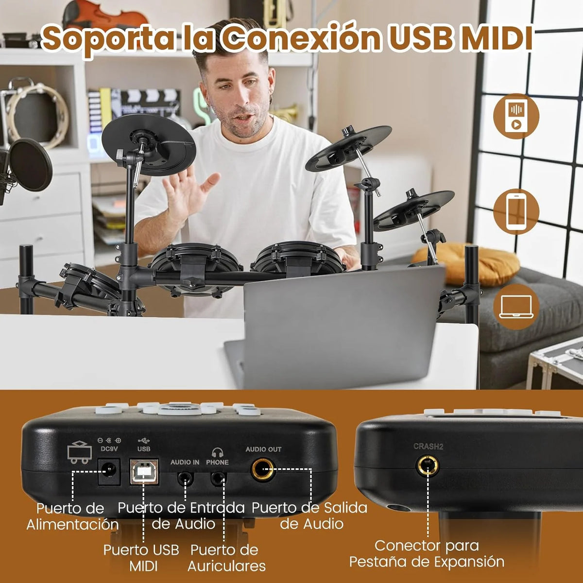 COSTWAY Bateria Eletrónica, Kit de Bateria Dobrável com Pads de Malha Silenciosos, Prato, 225 Sons e 30 Demos, Metrônomo e USB MIDI, Bumbo, 2 Baquetas, Banco Ajustável, para Adultos e Crianças