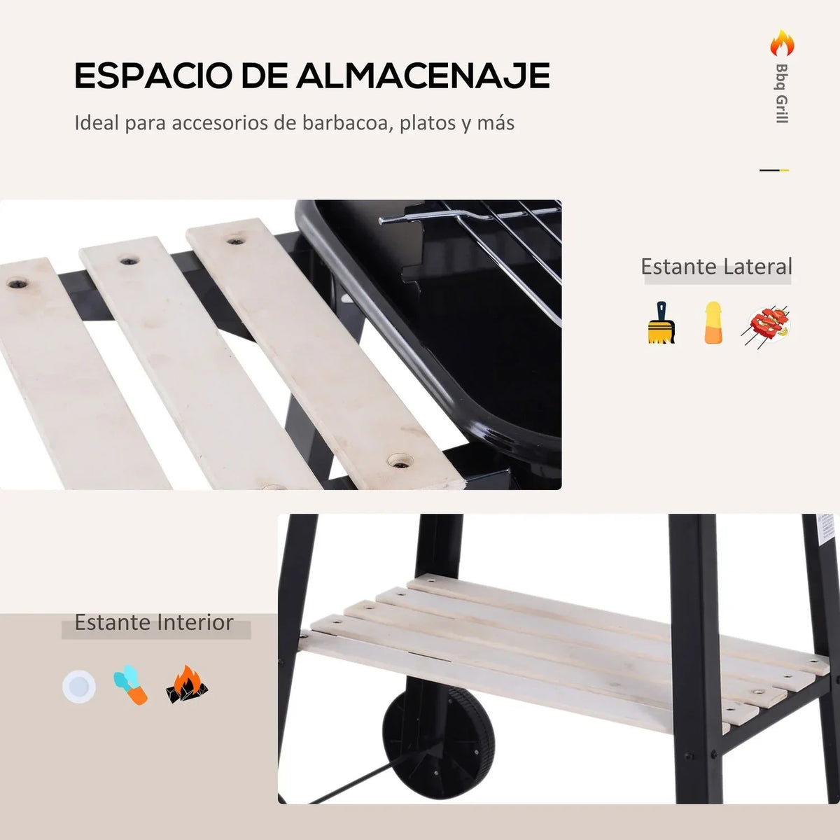 Churrasqueira a Carvão com Rodas e Prateleira Outsunny 83x37x87cm Preto