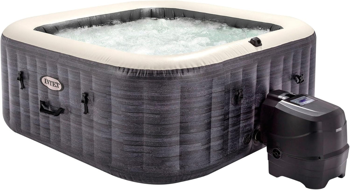 Intex Spa inflável quadrado Greystone Deluxe 4 pessoas, 175x175x71 cm, Aquecedor 2.200 W, Bolhas de ar quente, Clorador salino, Bomba filtrante com filtro S2 (1.741 l/h), Acessórios incluídos (55093)