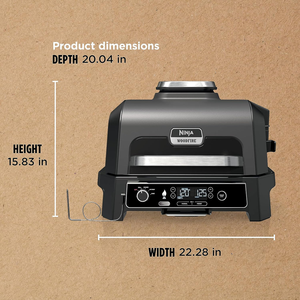2026 Grelhador e defumador externo Ninja Woodfire Pro XL, termômetro, grelhador principal 4 em 1, churrasqueira defumadora, fritadeira de ar externa, forno, portátil, grelhador elétrico, cinza escuro, modelo OG850