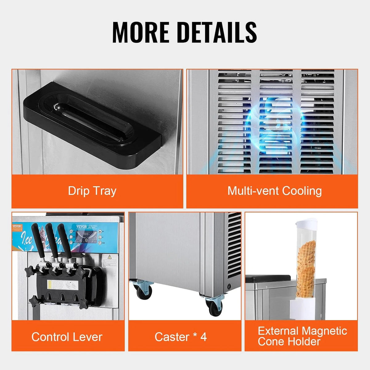 Máquina de Sorvete Comercial VEVOR 21-31 L/h 1500 W 3 Sabores Máquina de Fazer Sorvete 2 Tremonhas de 5,5 L Independente Pré-Resfriamento Limpeza Automática para Restaurante Bar Mercado Loja
