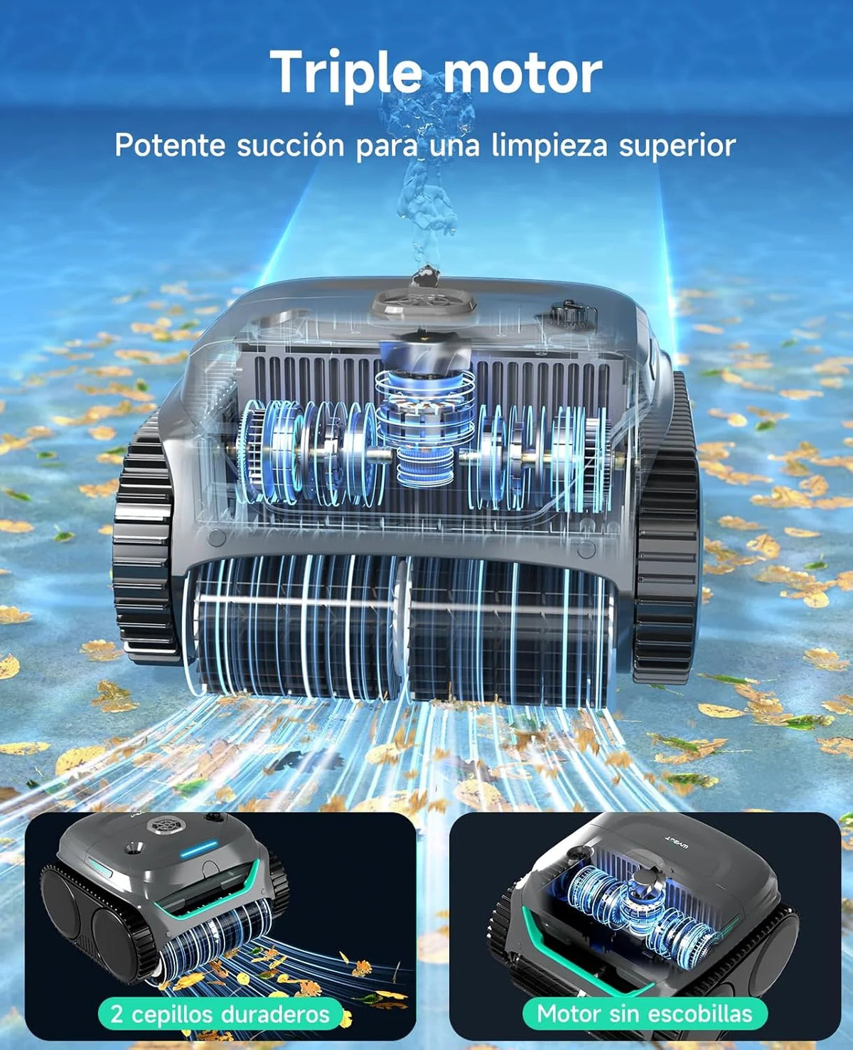 WYBOT C2 Limpa-Fundos de Piscina, Robô Limpa-Fundos de Piscina Sem Fio 150m², Filtragem Dupla, 3 Motores, Sucção Potente, Limpeza de Paredes e Linha de Água, 180 Min, App (Cinza-Verde Cinza)
