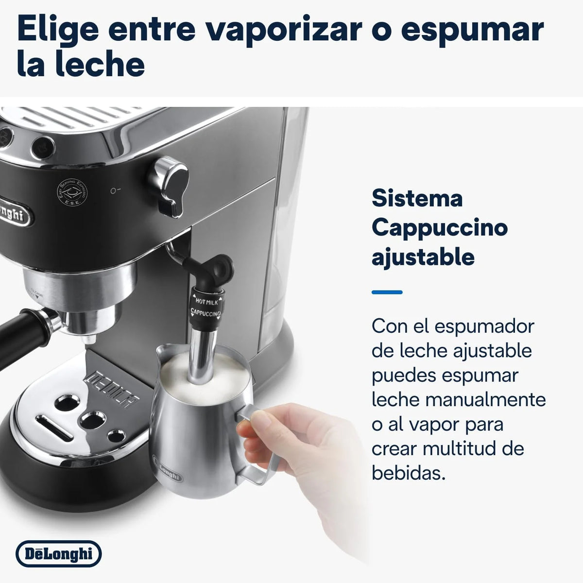 De'Longhi Dedica – Cafeteira Espresso Bomba de Aço Inoxidável para Café Moído ou Saches, Espresso e Cappuccino, Reservatório de 1.3 Litros, Sistema Anti-gotejamento, Modelo EC685.M, Cor Metal