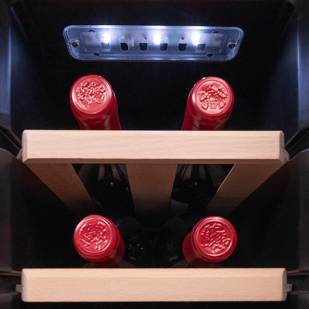 Cecotec Vinoteca de Livre Instalação Bolero GrandSommelier 1250 CoolWood. Frigorífico para vinhos com capacidade para 12 garrafas, temperatura ajustável de 8-18ºC, LED e prateleiras de madeira.
