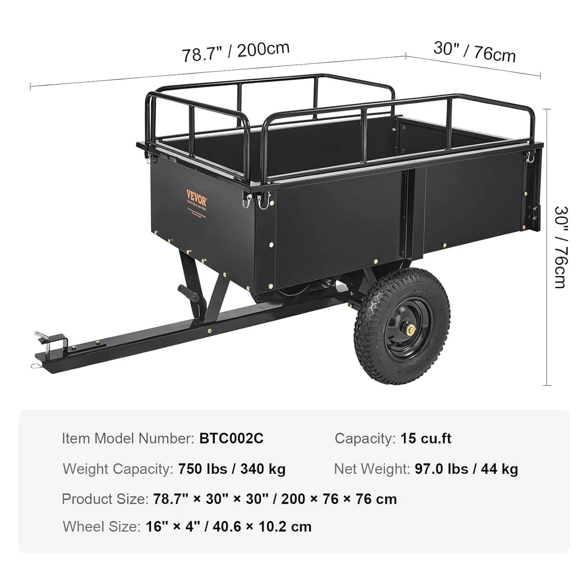 VEVOR Reboque Basculante Capacidade de Carga 340kg Reboque Utilitário de Jardim para Serviço Pesado com Laterais Removíveis Carrinho de Transporte Basculante de 0,4m³ para Trator, Cortador de Grama, ATV, 200x66x76cm