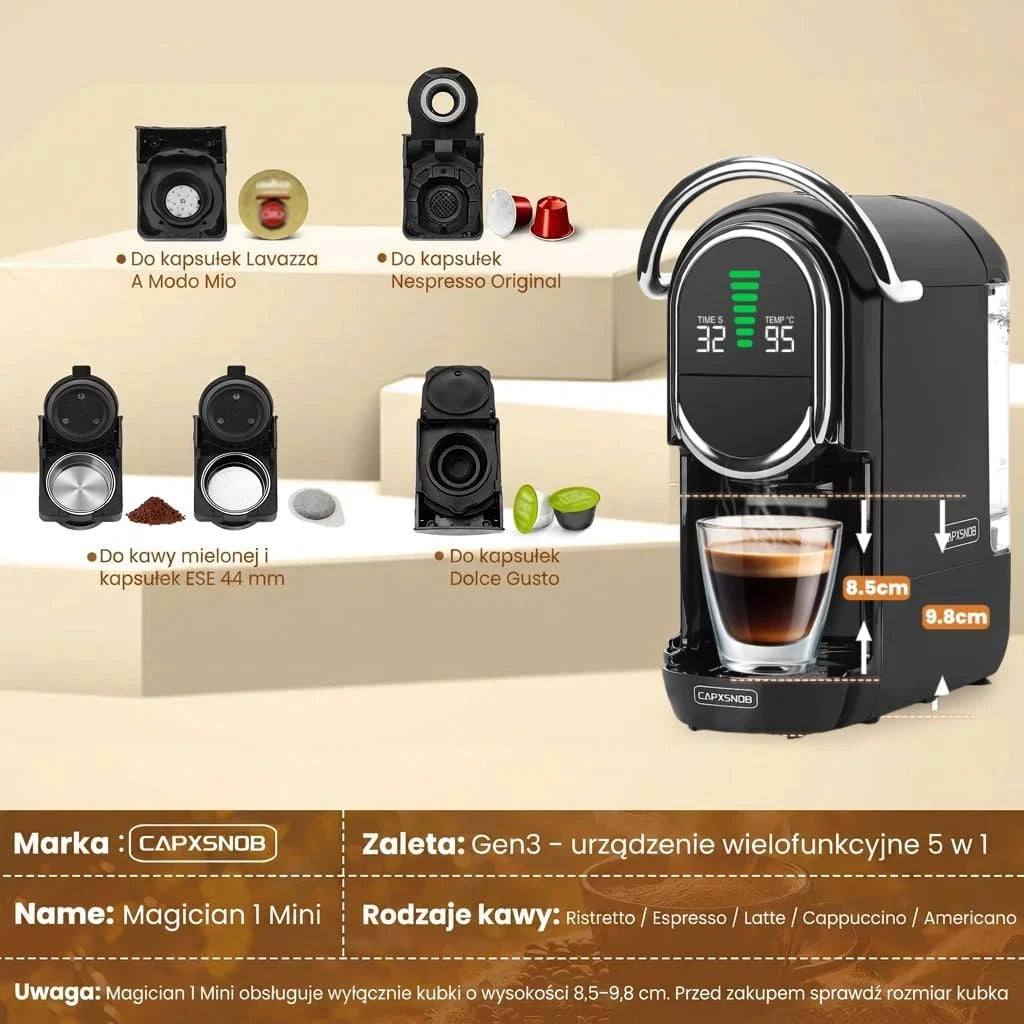 Máquina de Café Multicápsula 5 em 1 Mini Magician1, para Nespresso, Dolce Gusto, Lavazza A Modo Mio, Saquetas ESE 44mm e Café Moído, Bomba Italiana de 20 Bares, 1450W, Display LED, para Casa e Escritório
