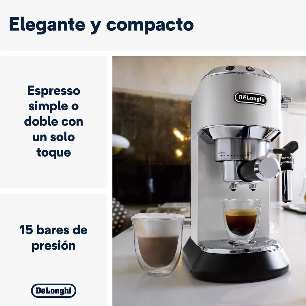 De'Longhi Dedica – Cafeteira Espresso Bomba de Aço Inoxidável para Café Moído ou Saches, Espresso e Cappuccino, Reservatório de 1.3 Litros, Sistema Anti-gotejamento, Modelo EC685.M, Cor Metal
