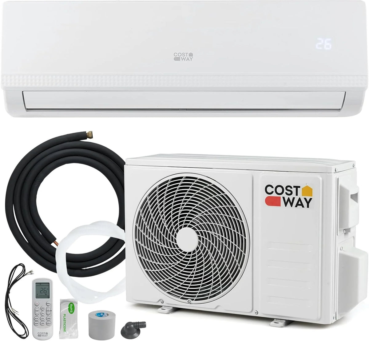 Ar Condicionado Split COSTWAY, 2,6 kW, Ar Condicionado com Aquecimento e Bomba de Calor, Refrigerante: R32, Aquecedor e Resfriador com Kit de Instalação para Cômodos de até 70m³ (9000BTU)