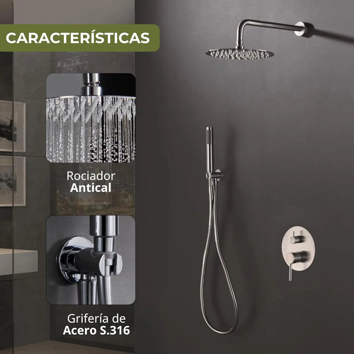 IMEX - Ducha Exterior de Parede em Aço Inoxidável | Ducha de Jardim Embutida para Parede em Aço S.316 | Conjunto de Torneiras com Água Fria e Quente para Piscina com Chuveiro de Mão | Série Moscou