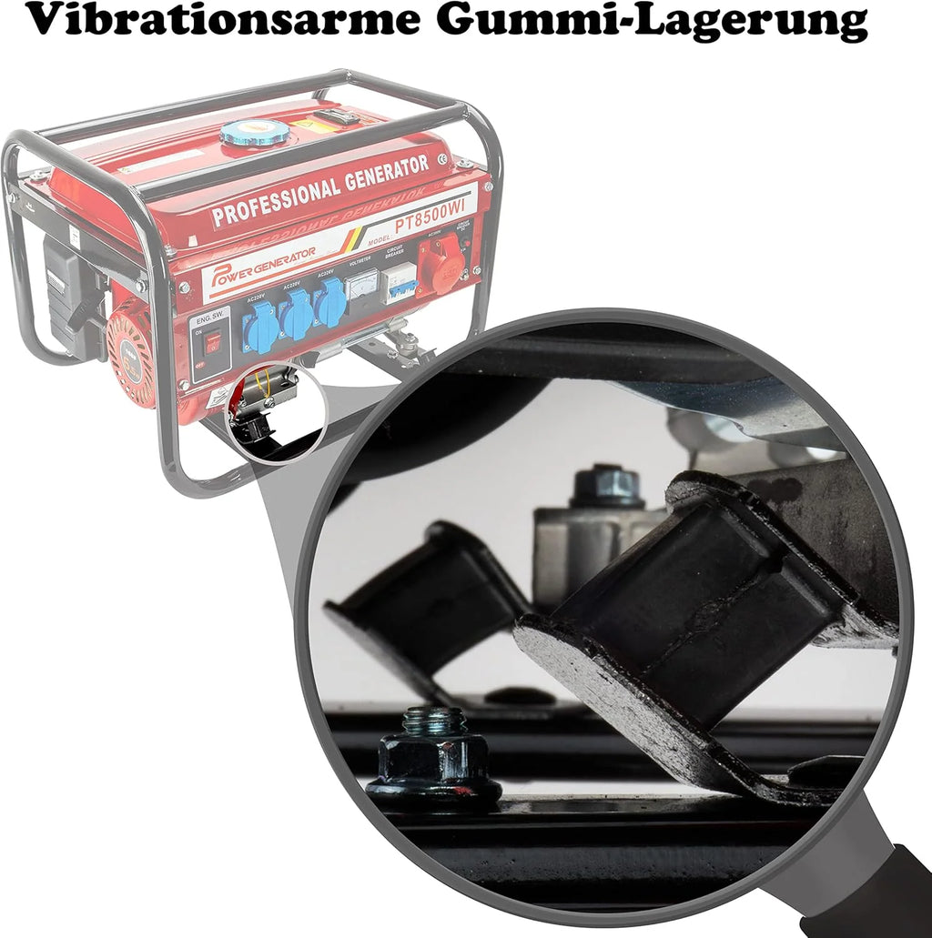 Gerador a gasolina | Acessórios incluídos | Gerador de energia silencioso | 5 tomadas 3 x 230 V / 1 x 400 V / 1 x 12 V | 6,5 CV