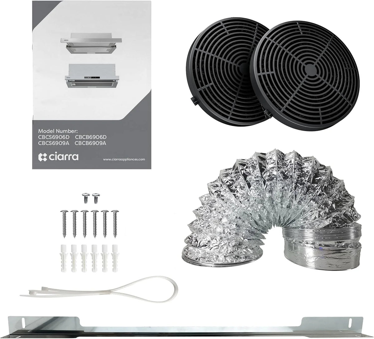 CIARRA CBCB6909A Coifa de Parede Telescópica Preta para Cozinha 60 cm 600 m³/h Classe A+ 3 Níveis Controle Touch Iluminação LED Filtro de Carvão CBCF055