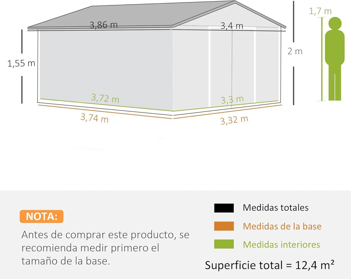 Outsunny Abrigo de Jardim Exterior, 12,4 m² 340x386x200 cm, Abrigo de Jardim Exterior Metálico com Teto de Fibra de Vidro, Porta Deslizante, Base de Reforço (Chão NÃO Incluído) e Janelas Marrom