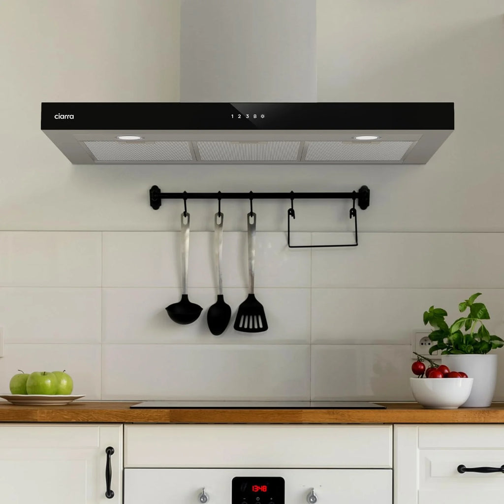 CIARRA CBCS9102 Coifa de Parede 90 cm Classe A+++ 650 m³/h WIFI Controle por Toque 4 Velocidades Exaustão e Recirculação Interna por Filtro de Carvão CBCF003