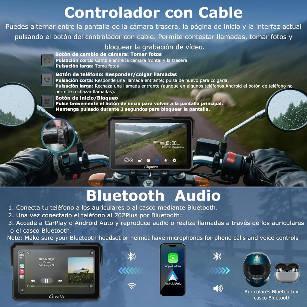 Carpuride W702 Plus Android 14 Motocicleta Carplay Tela com Câmera Dupla, CarPlay e Android Auto Sem Fio, Tela Sensível ao Toque à Prova d'Água de 7", Áudio BT, Gravação em Loop, Navegação Online e Offline.
