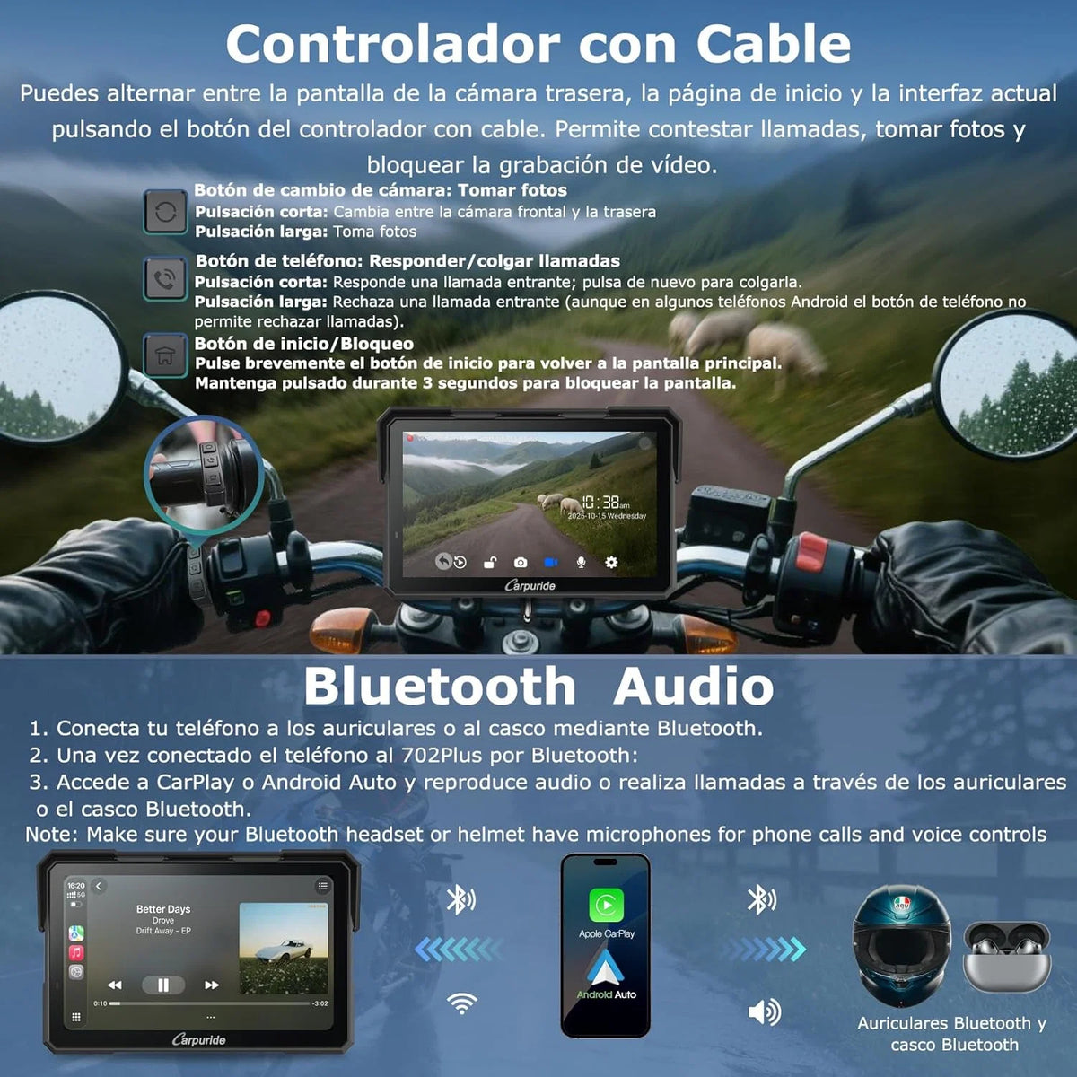 Carpuride W702 Plus Android 14 Motocicleta Carplay Tela com Câmera Dupla, CarPlay e Android Auto Sem Fio, Tela Sensível ao Toque à Prova d'Água de 7", Áudio BT, Gravação em Loop, Navegação Online e Offline.