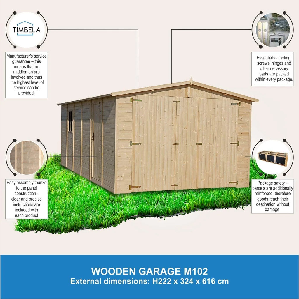 Garagem de Madeira Natural - galpão em Pinheiro/Abeto - A222x616x324 cm / 18 m² - Construção em Painéis - Oficina de jardinagem - Armazenamento de carros, galpão para Ferramentas-TIMBELA M102