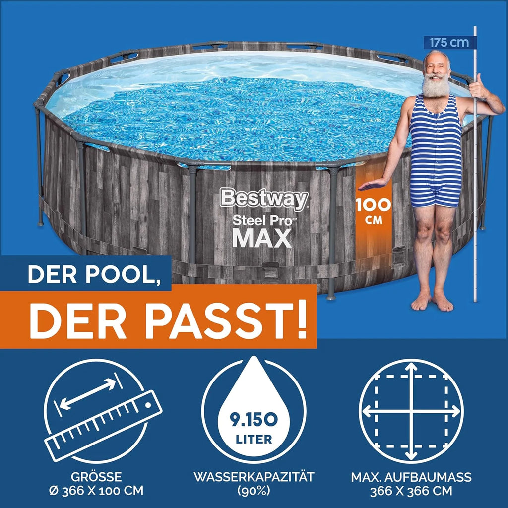 Bestway Steel Pro MAX - Piscina Estrutural Redonda (366 x 100 cm, Inclui Bomba Filtrante, Efeito Madeira)