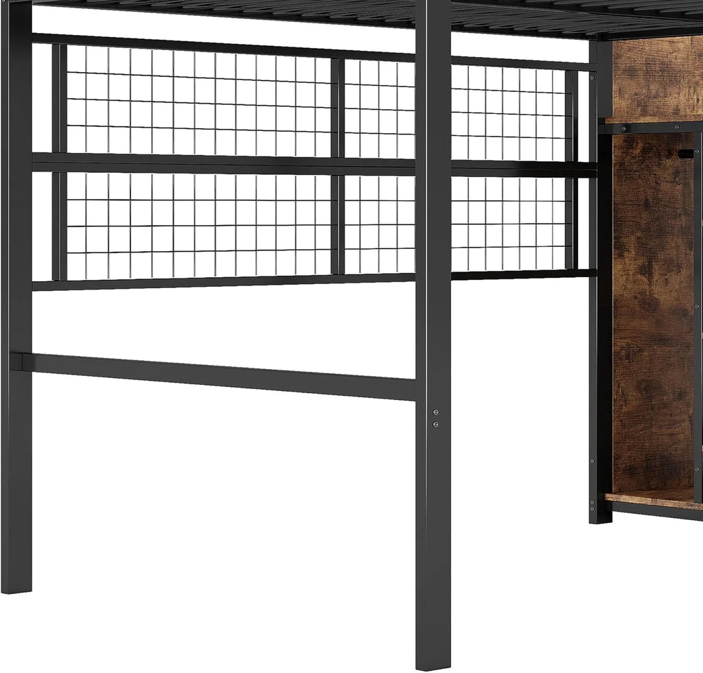 Cama alta (140 x 200 cm), estrutura de ferro, armário, escada com compartimentos, grade para pendurar objetos, espaço livre embaixo da cama, luzes LED de 7 cores, sem colchão, cor preta