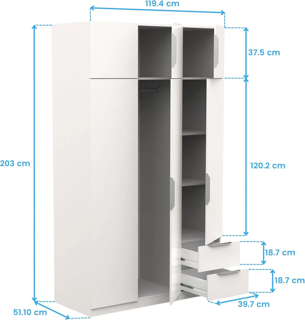 Miroytengo Guarda-Roupa Ghost Grande 6 Portas e 2 Gavetas Cor Branco Mate 203x119 cm