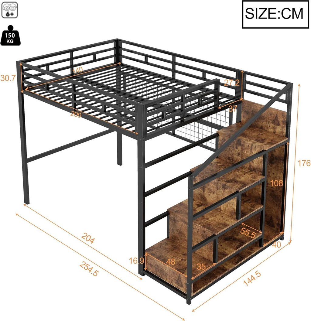Cama alta (140 x 200 cm), estrutura de ferro, armário, escada com compartimentos, grade para pendurar objetos, espaço livre embaixo da cama, luzes LED de 7 cores, sem colchão, cor preta