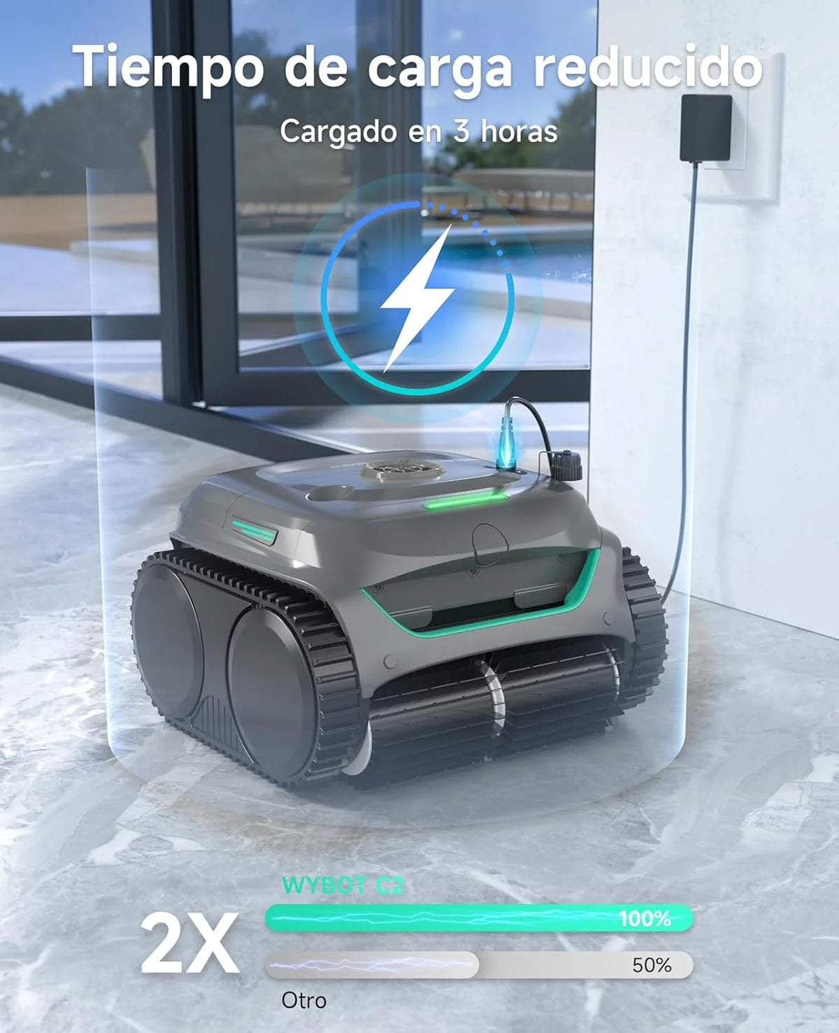 WYBOT C2 Limpa-Fundos de Piscina, Robô Limpa-Fundos de Piscina Sem Fio 150m², Filtragem Dupla, 3 Motores, Sucção Potente, Limpeza de Paredes e Linha de Água, 180 Min, App (Cinza-Verde Cinza)