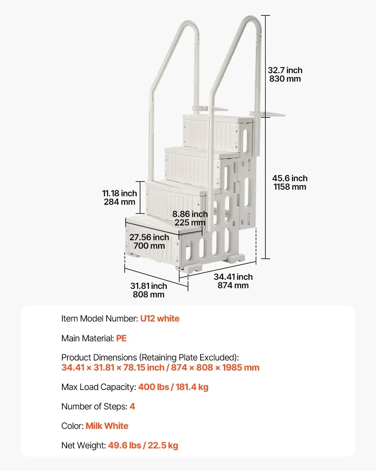 Escada VEVOR para Piscina, 4 Degraus com Corrimãos Duplos e Degraus Antiderrapantes Reforçados, Capacidade de Carga de 181 kg para Piscinas Enterradas e de Superfície, Branco Leitoso, 874 x 810 x 1985 mm