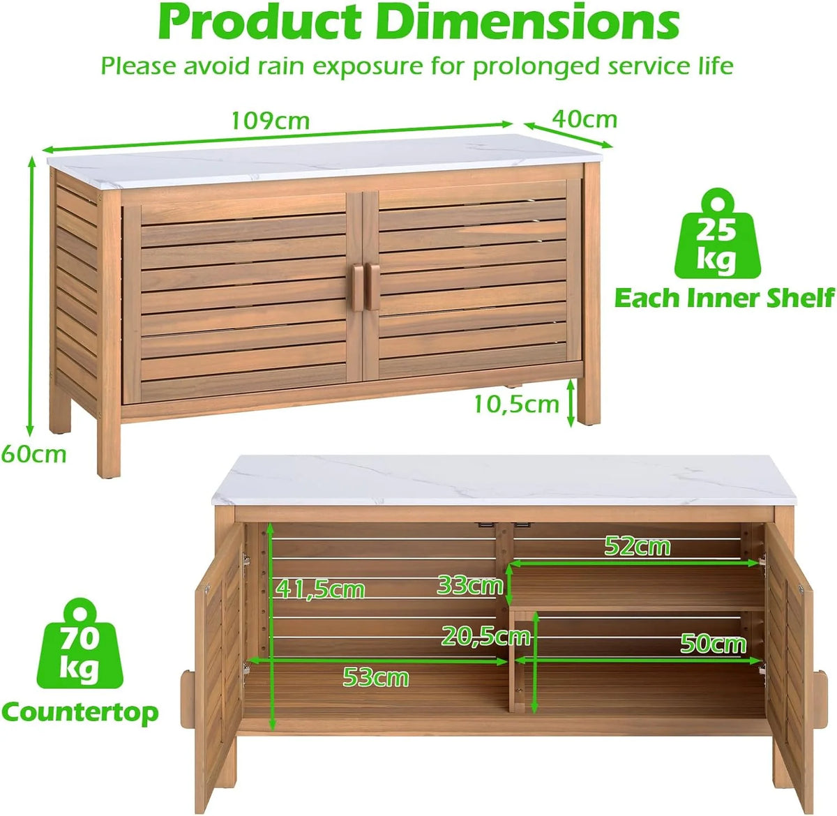 KOMFOTTEU Baú de Jardim de Madeira de Acácia, Caixa de Armazenamento com Porta Dupla e Tampa de Mármore Artificial, Baú Externo com Pés Ajustáveis, Contêiner Organizador para Pátio