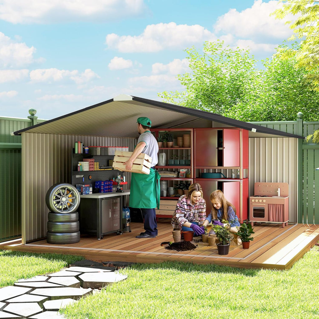 Outsunny Abrigo de Jardim Exterior, 12,4 m² 340x386x200 cm, Abrigo de Jardim Exterior Metálico com Teto de Fibra de Vidro, Porta Deslizante, Base de Reforço (Chão NÃO Incluído) e Janelas Marrom