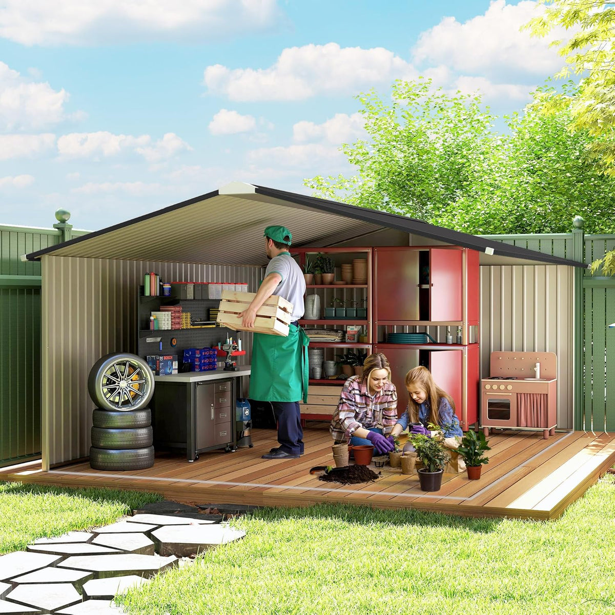 Outsunny Abrigo de Jardim Exterior, 12,4 m² 340x386x200 cm, Abrigo de Jardim Exterior Metálico com Teto de Fibra de Vidro, Porta Deslizante, Base de Reforço (Chão NÃO Incluído) e Janelas Marrom