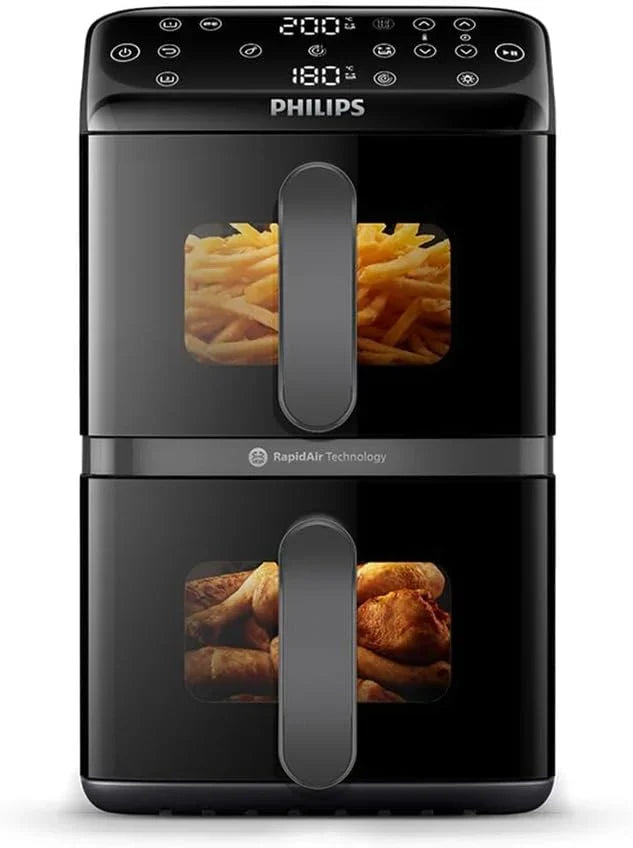Fritadeira sem Óleo Philips Airfryer Série 4000 Cesto Vertical Duplo 10L – Tecnologia RapidAir, Sincronização, 2 Cestos Simultaneamente, 45% Menos Espaço, Revestimento Cerâmico Livre de PFAS, Janelas de Visualização (NA460/00)