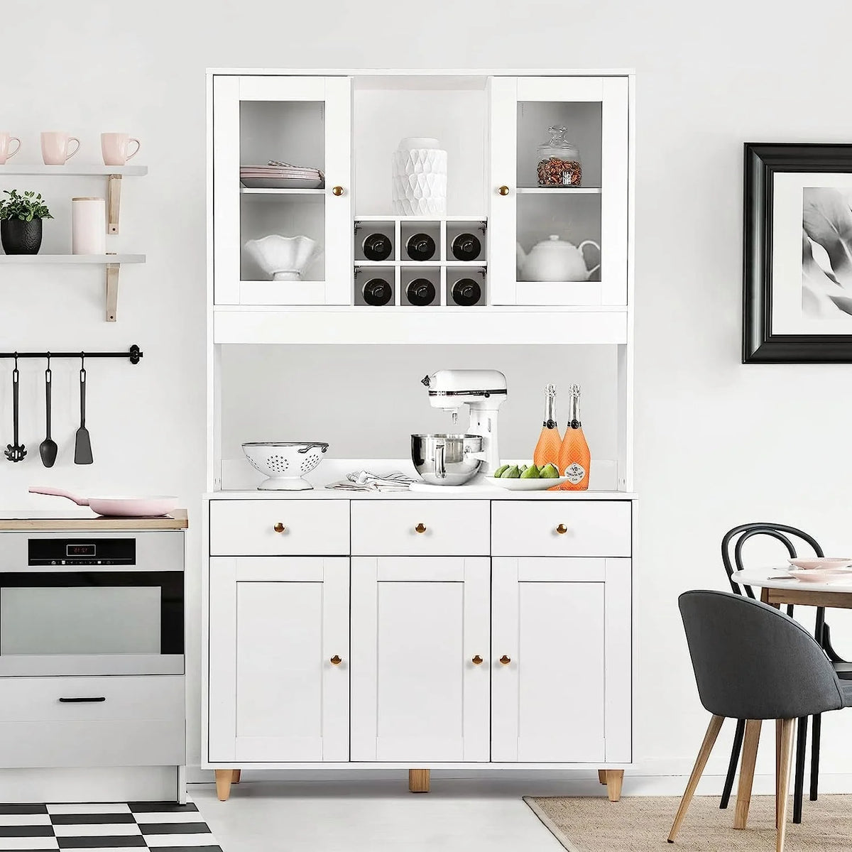 VOWNER Armário Aparador de Cozinha/Buffet, 100L x 38W x 181H cm, Armário Auxiliar de Armazenamento, 5 Portas e 5 Prateleiras Ajustáveis, Branco