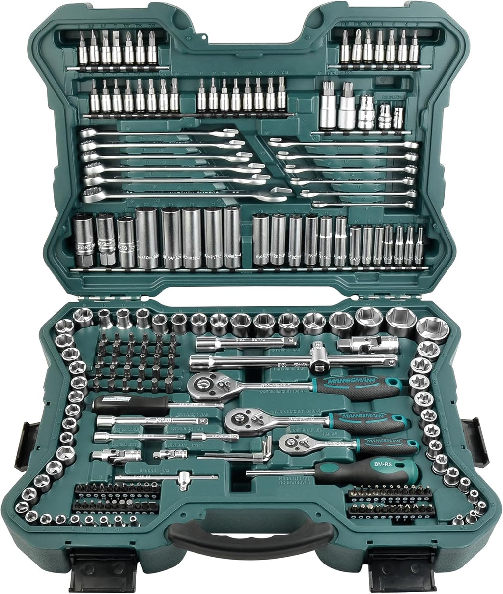 Mannesmann M98430 - Maleta de soquetes e outras ferramentas (215 peças, tamanho: 12x36x51 cm), Cor Verde Mannesmann