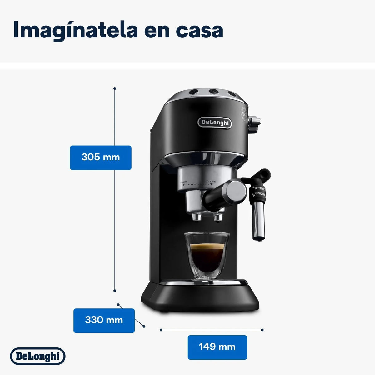 De'Longhi Dedica – Cafeteira Espresso Bomba de Aço Inoxidável para Café Moído ou Saches, Espresso e Cappuccino, Reservatório de 1.3 Litros, Sistema Anti-gotejamento, Modelo EC685.M, Cor Metal