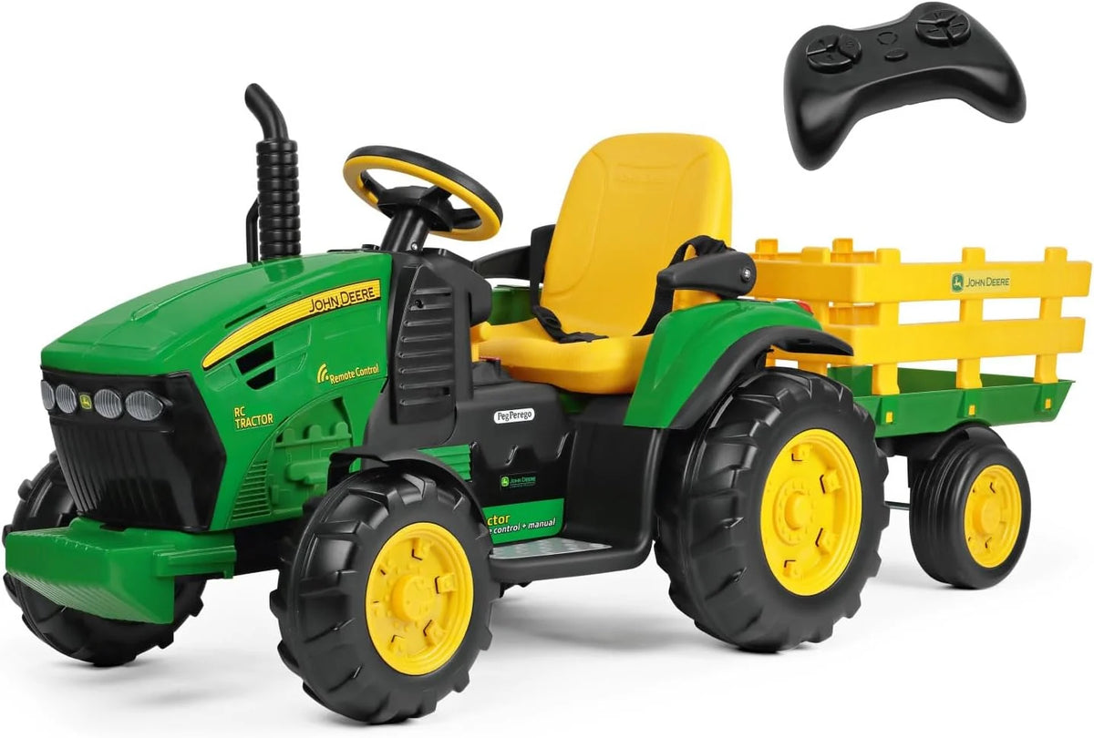 Trator RC John Deere da Peg Perego – Trator elétrico infantil com deslizamento e controle remoto, 12 V, com reboque, controle remoto, 2 rodas motrizes, rádio FM, 1 ano