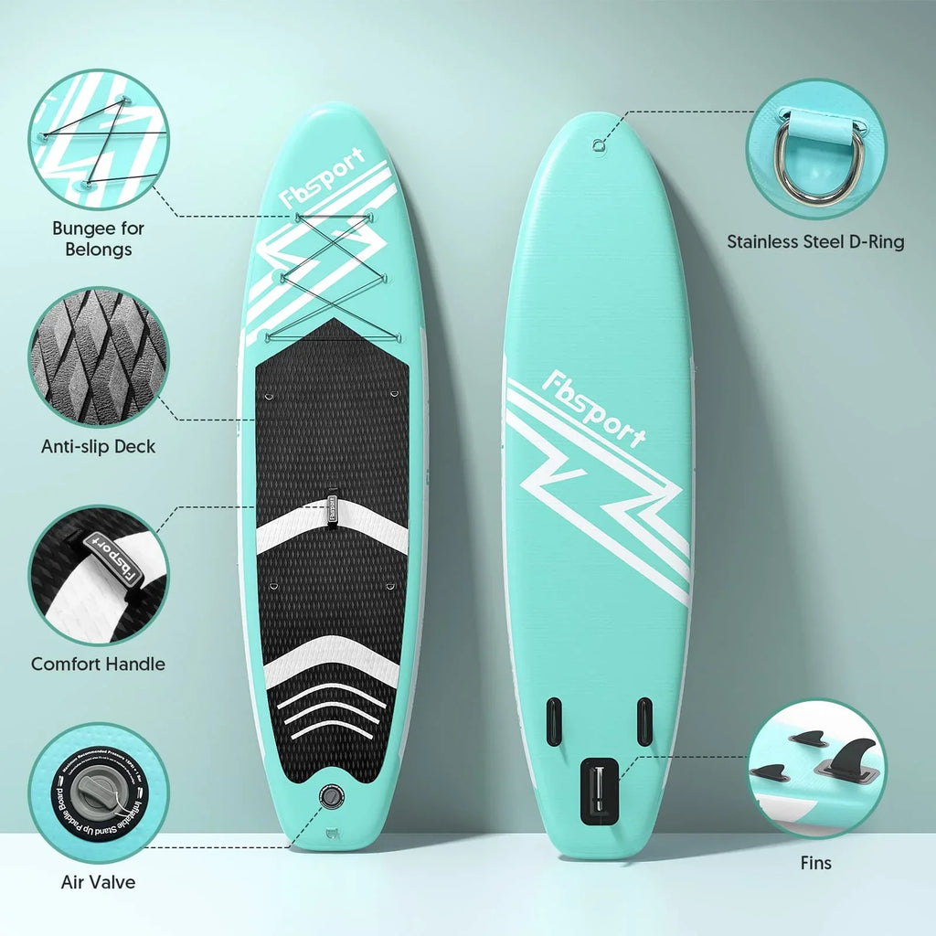 2026 FBSPORT Prancha de Paddle Surf Inflável, 15 cm de Espessura, Kit Completo com Remo de Alumínio Ajustável e Bomba (Verde)