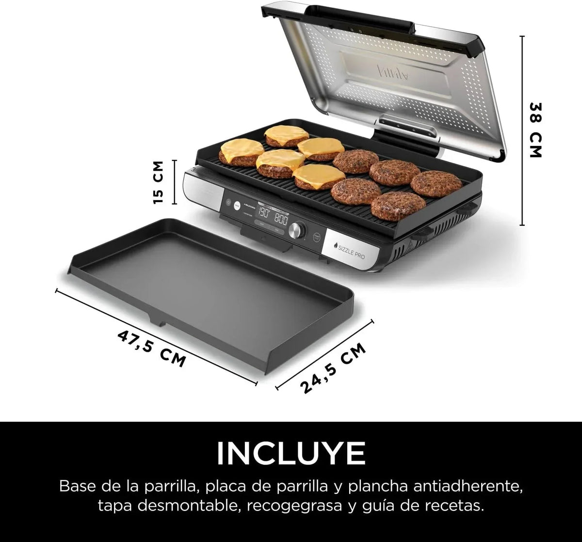 Ninja Sizzle Pro XL Grill and Chapa Interna com Chapa e Grelha de Cerâmica Antiaderente, Tampa Removível, Coletor de Gordura e Guia de Receitas, Prata/Preto GX101EU