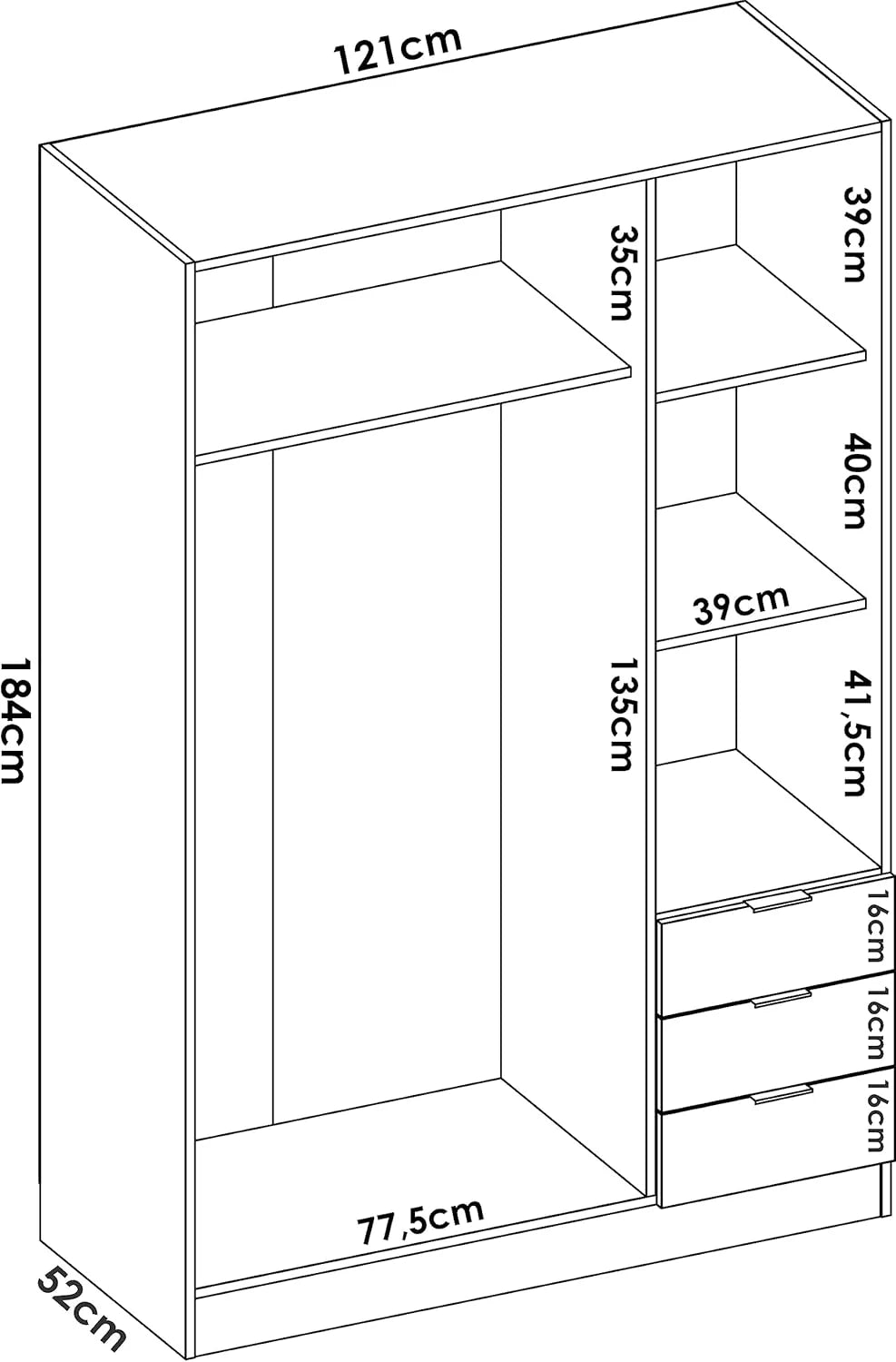 DEKIT GRUPO RIMOBEL Guarda-roupa 3 Portas e 3 Gavetas - Branco - 121X184X52 Cm