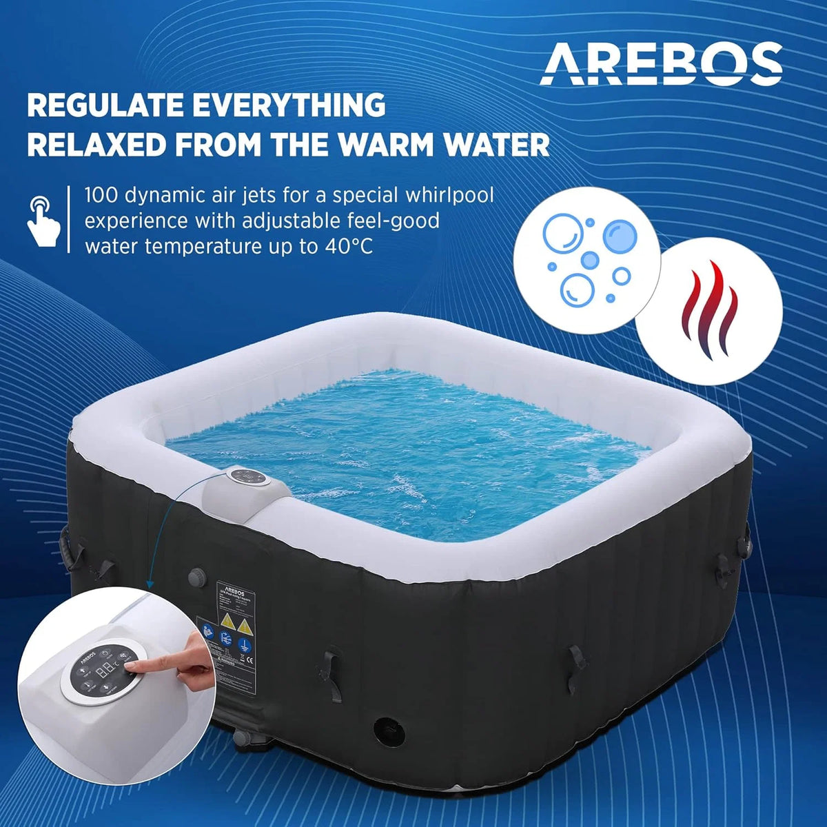Arebos SPA Inflável Hidromassagem | Inflável | Quadrado | para Interior e Exterior | 154x154cm | 4 Pessoas | 130 Jatos de Massagem | 600 L