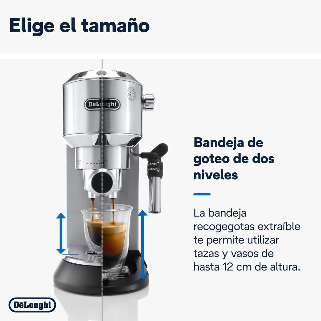 De'Longhi Dedica – Cafeteira Espresso Bomba de Aço Inoxidável para Café Moído ou Saches, Espresso e Cappuccino, Reservatório de 1.3 Litros, Sistema Anti-gotejamento, Modelo EC685.M, Cor Metal