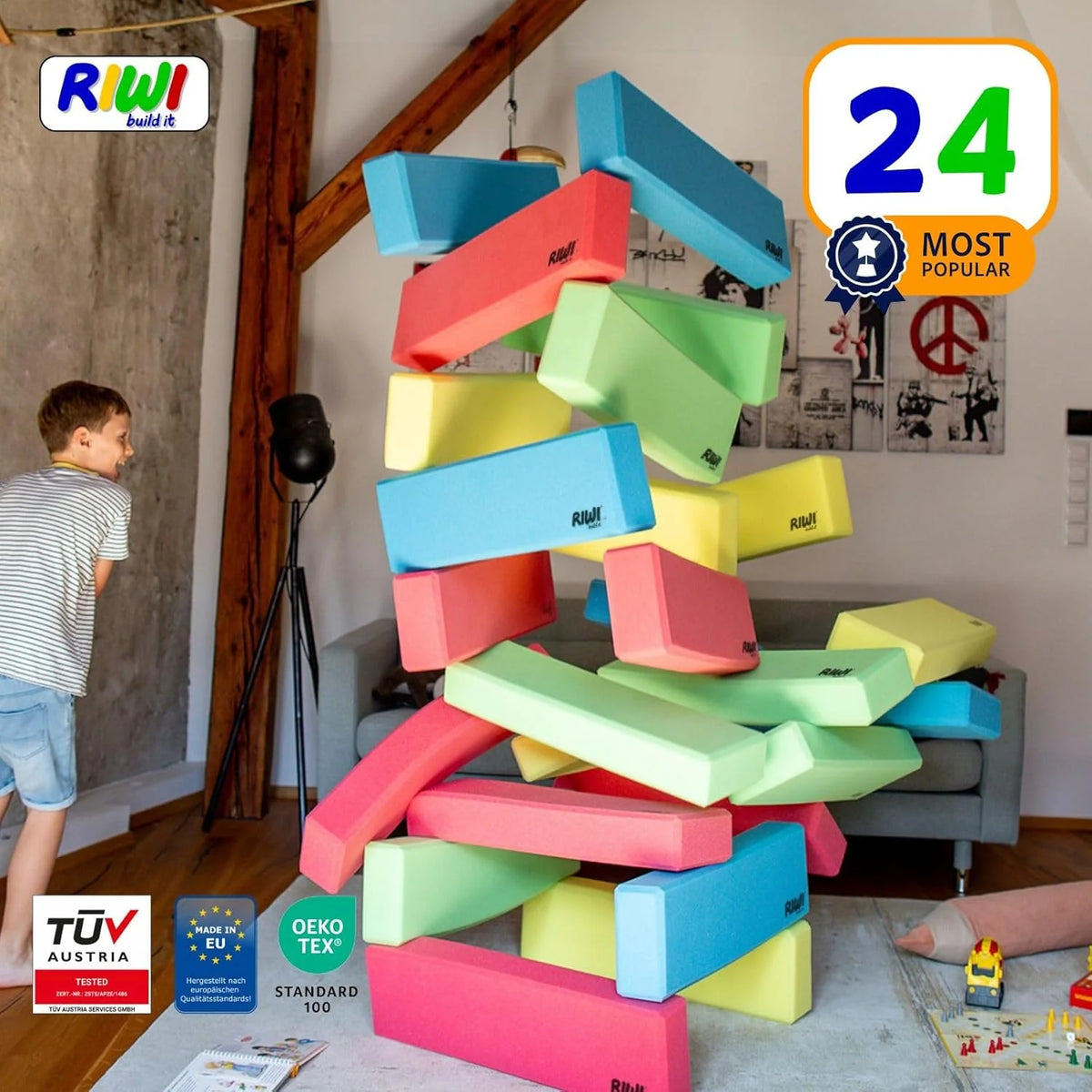 RIWI 24 Blocos de Construção de Espuma XXL | Grandes e Macios | Certificado TÜV Áustria | Qualidade para Creches | Terapia Ocupacional
