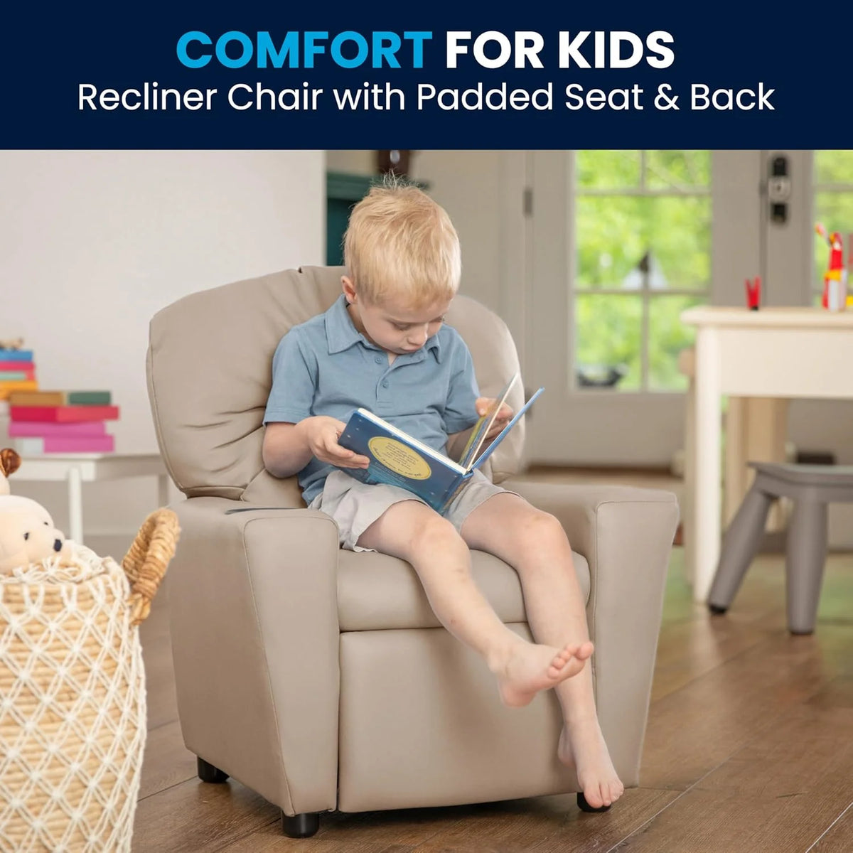 Poltrona Reclinável Infantil Contemporânea Flash Furniture com Porta-Copos, Madeira, Vinil Bege, 66,04 x 53,34 x 53,34 cm