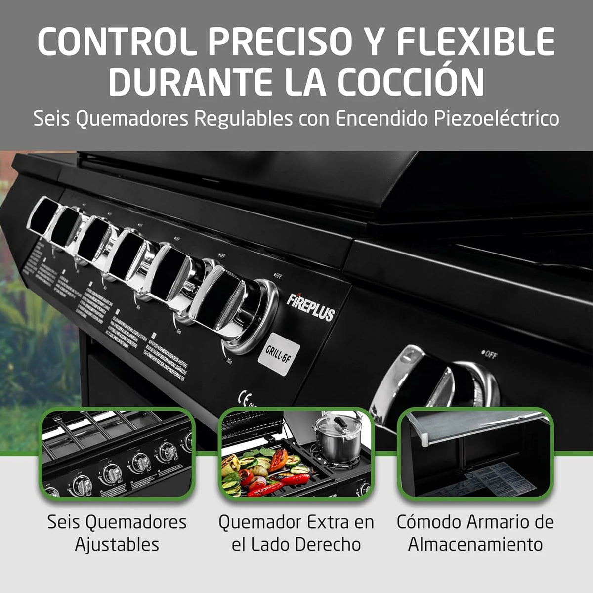 Churrasqueira a Gás Fireplus 6+1 de 12,9 kW - Aço Inoxidável Preto - Grelhador com Rodas Modelo GRILL-6F - Churrasqueira XXL com Carrinho e Termômetro - 138x52x103 cm - 7 Queimadores e Bandeja Lateral