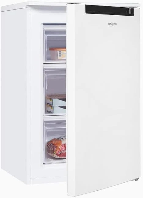 Congelador vertical Exquisit, 87L, 4 estrelas, classe D, cor branca, 3 gavetas, degelo manual, termostato ajustável, porta reversível, 40 dB, consumo 132 kWh/ano, 85,5x54,5x58 cm