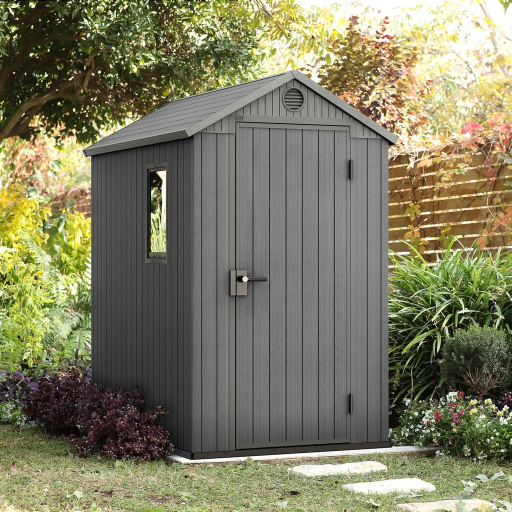 KETER Darwin 4x6 Casa de Jardim, 125.8 x 184.5 x 205 cm e 2.2 m², Piso, Sistema de Ventilação, Porta e Janela, Resistente à Água, Cor Cinza