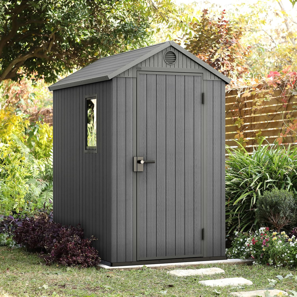 KETER Darwin 4x6 Casa de Jardim, 125.8 x 184.5 x 205 cm e 2.2 m², Piso, Sistema de Ventilação, Porta e Janela, Resistente à Água, Cor Cinza