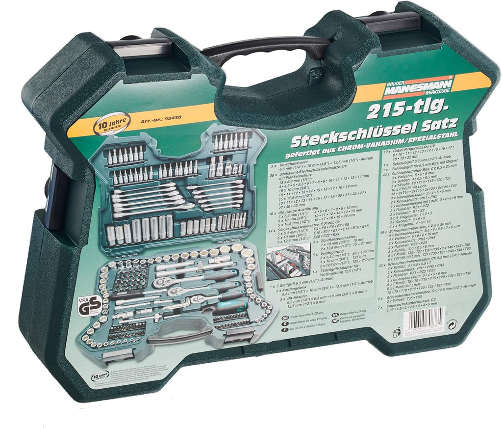 Mannesmann M98430 - Maleta de soquetes e outras ferramentas (215 peças, tamanho: 12x36x51 cm), Cor Verde Mannesmann
