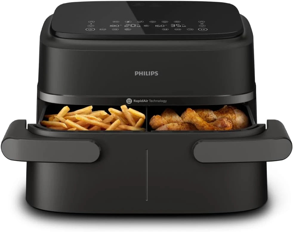 Philips Ovi Cesto Duplo com Vapor - Funções Exclusivas de Cozimento Steamfry, Cozinhar a Vapor, Airfry - 19 Maneiras de Cozinhar; Capacidade de 9L (3L + 6L), RapidAir Plus, SteamClean Automático (NA550/00)